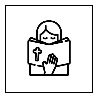 Person praying with a Bible illustration.
