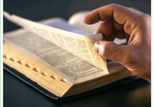 Hand flipping pages of an open book.
